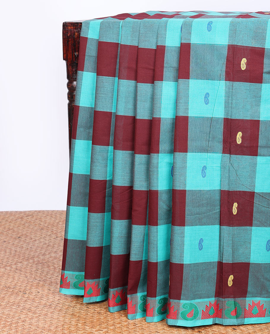 Multi-color checked & paisley buttas chettinad cotton saree, temple border & pallu of stripes