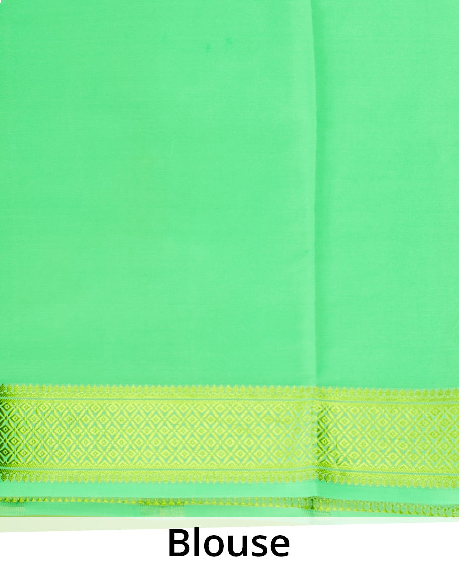 Blue plain mysore silk saree, contrast dual-colored big border steeped with traditional zari designs