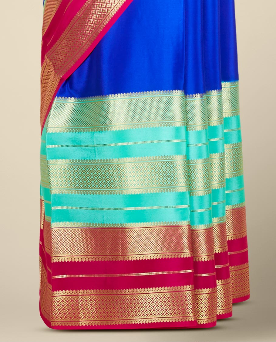 Blue plain mysore silk saree, contrast dual-colored big border steeped with traditional zari designs