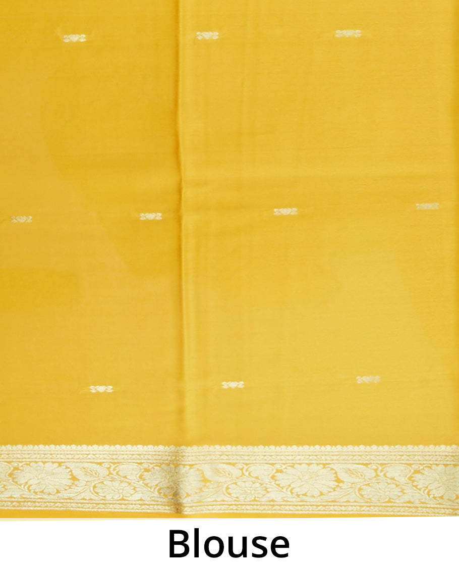 Yellow mysore silk saree with zari buttas, traditional zari design border