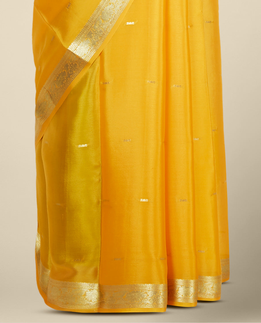 Yellow mysore silk saree with zari buttas, traditional zari design border