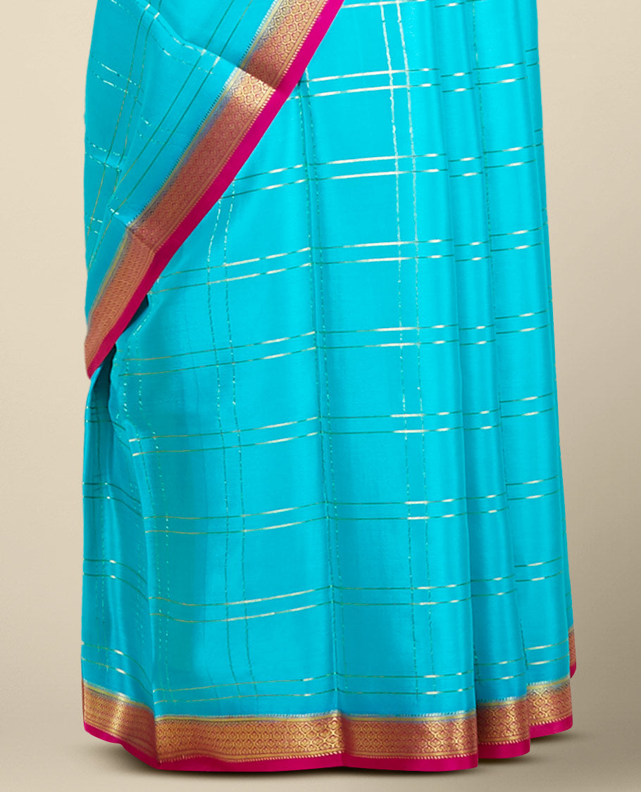 Green checked design mysore silk saree, contrast traditional design zari border