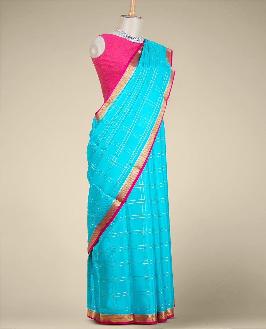 Green checked design mysore silk saree, contrast traditional design zari border