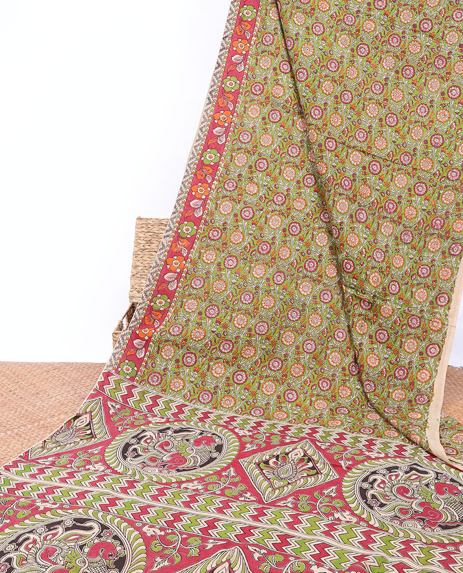 Green floral vine machine-printed kalamkari cotton saree, contrast floral border & intricately printed pallu