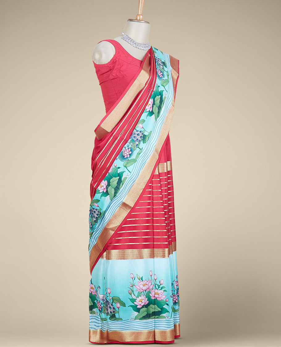 Red lotus motifs printed mysore silk saree with zari designs, traditional design zari border