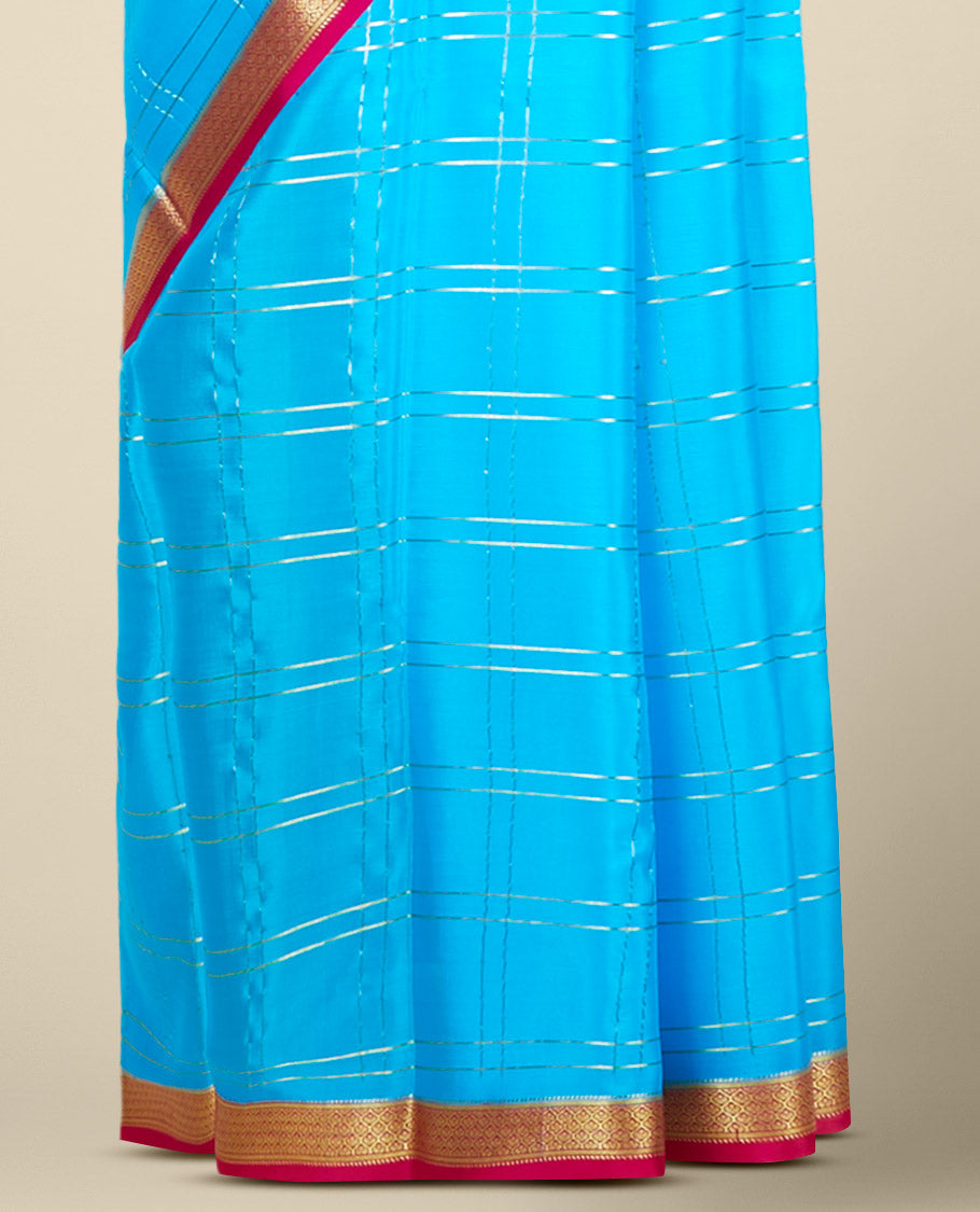 Blue checked design mysore silk saree, contrast traditional design zari border