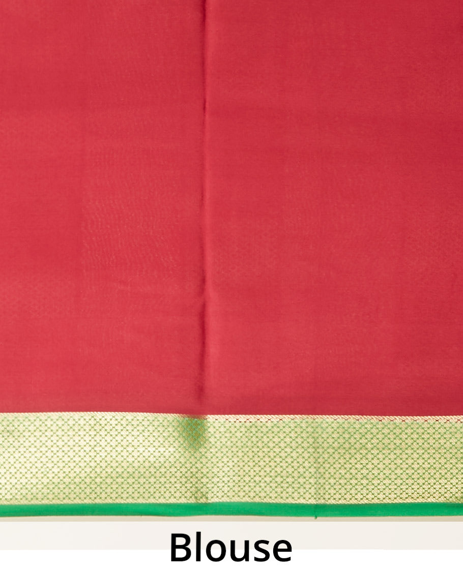 Red & cream zari checked Mysore silk saree, contrast traditional zari design border