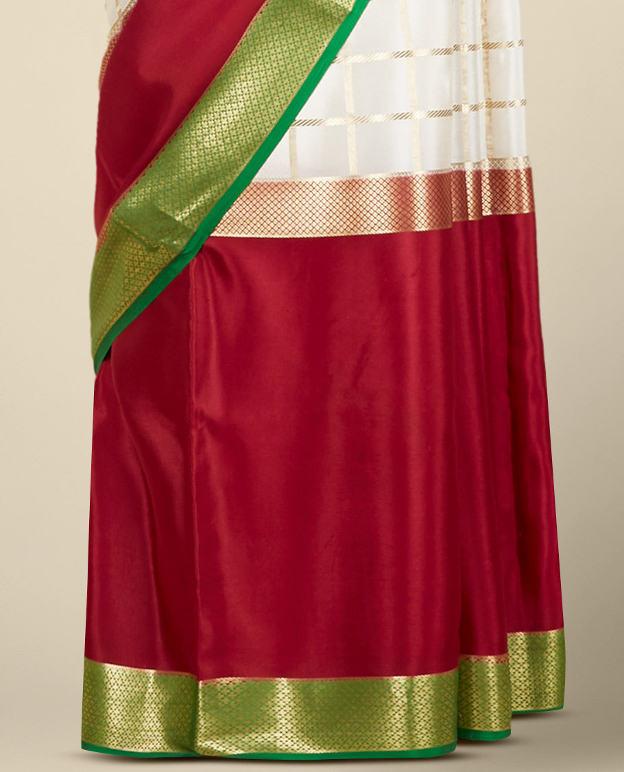 Red & cream zari checked Mysore silk saree, contrast traditional zari design border