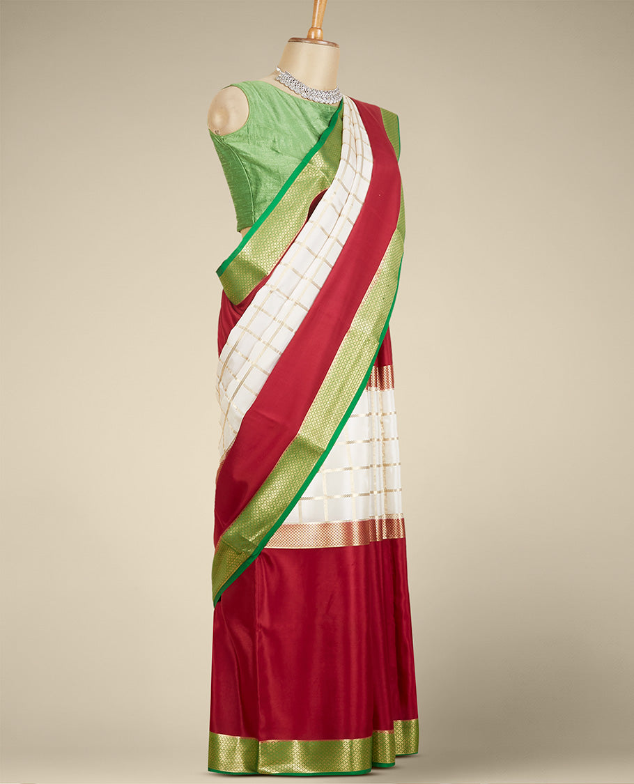 Red & cream zari checked Mysore silk saree, contrast traditional zari design border