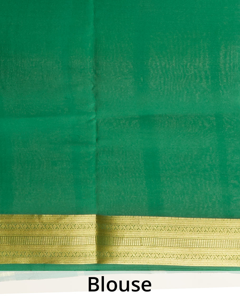 Cream floral vine printed mysore silk saree, contrast border steeped with traditional designs in zari