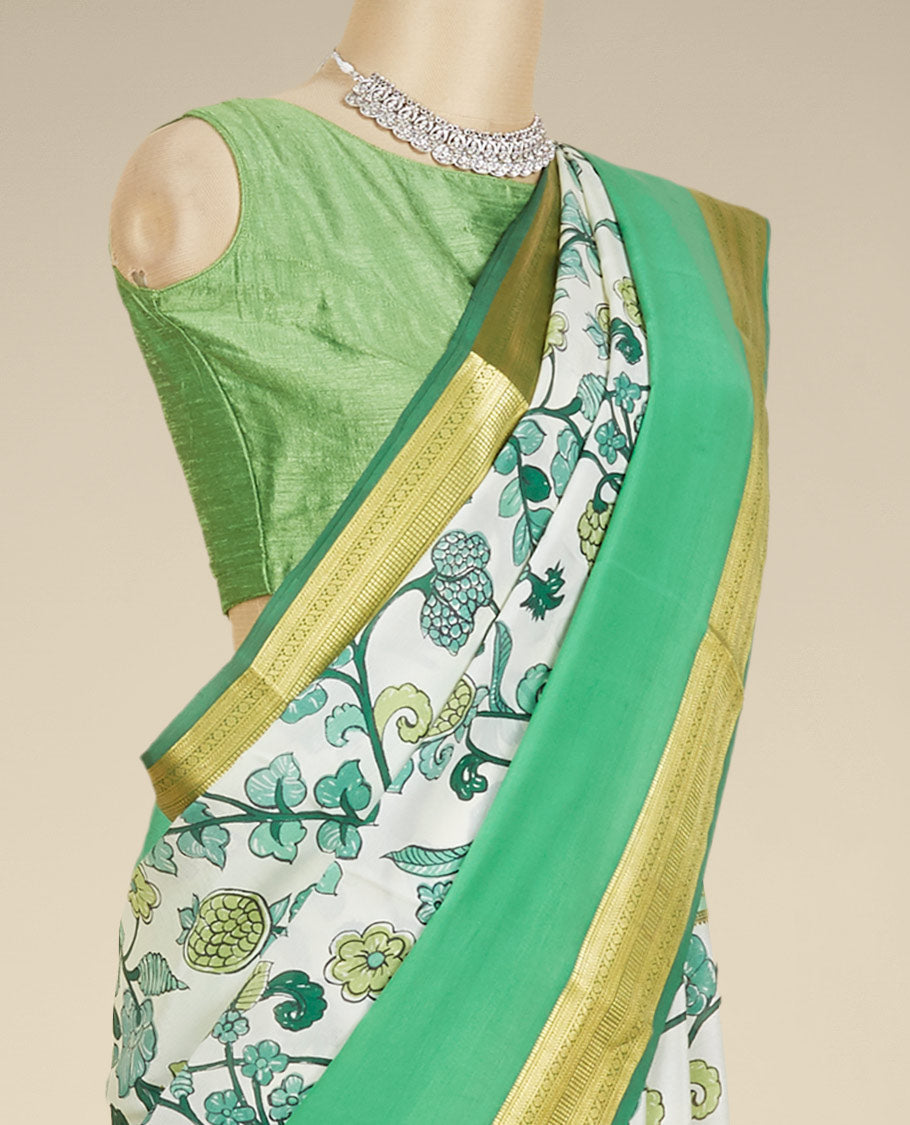 Cream floral vine printed mysore silk saree, contrast border steeped with traditional designs in zari