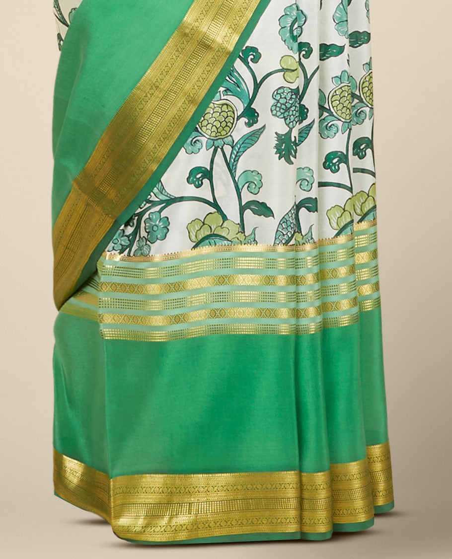 Cream floral vine printed mysore silk saree, contrast border steeped with traditional designs in zari