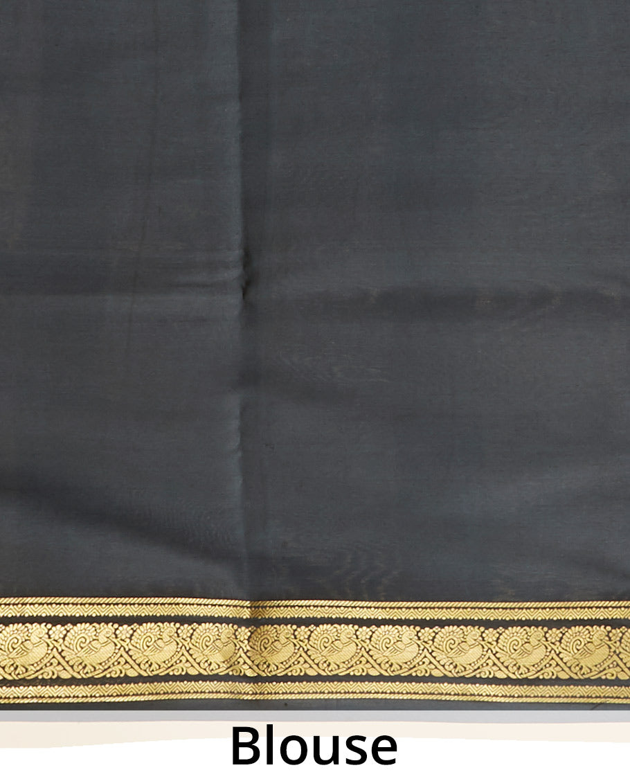 Black floral vine printed mysore silk saree, contrast rettai pettu traditional zari design border