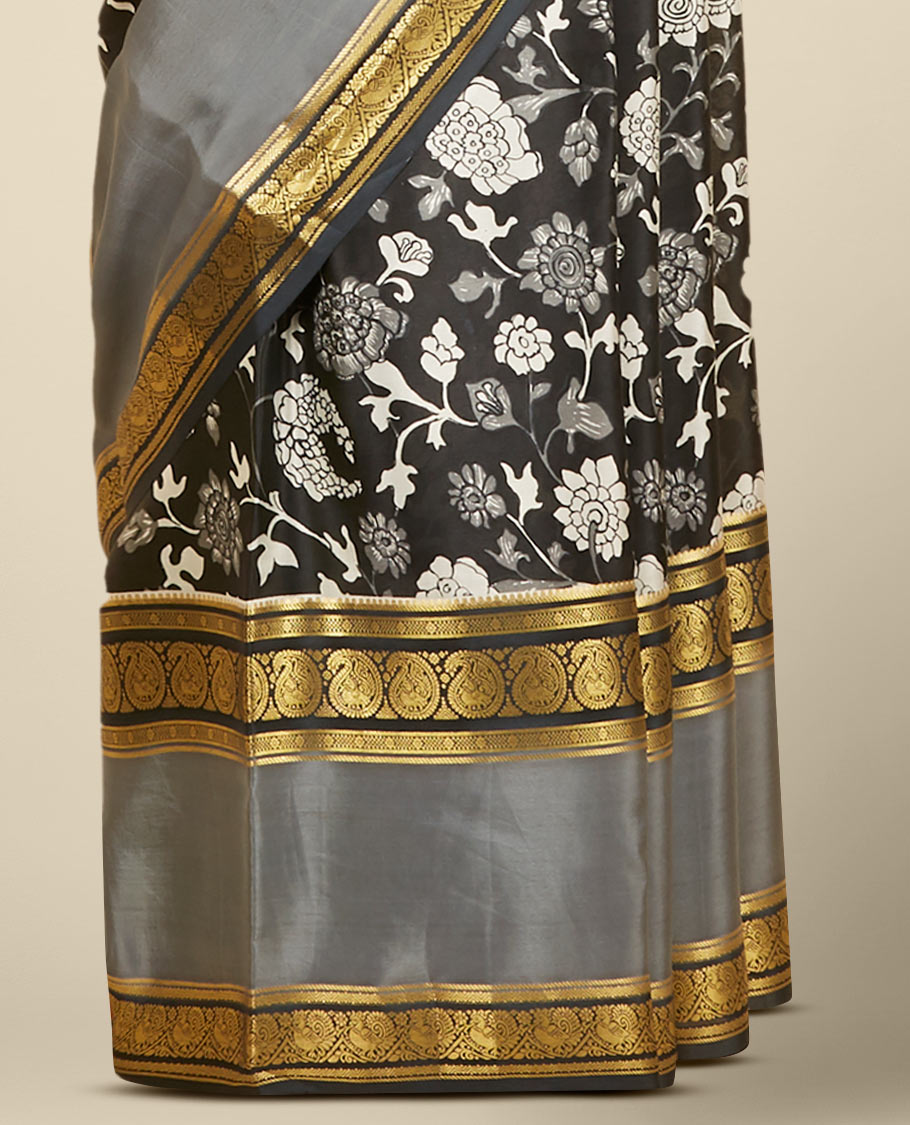 Black floral vine printed mysore silk saree, contrast rettai pettu traditional zari design border