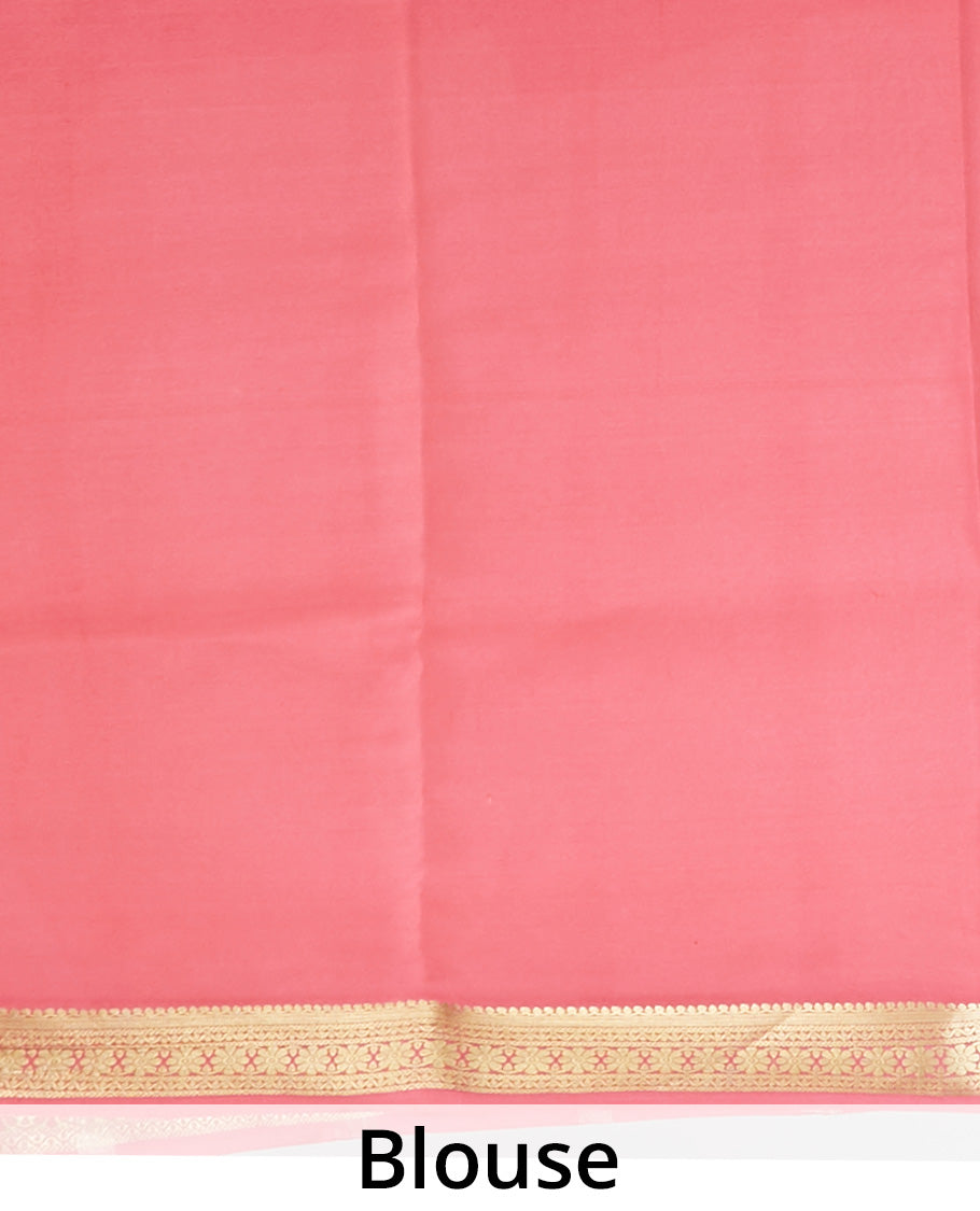 Peach floral vine printed Mysore silk saree, contrast border steeped with traditional zari designs