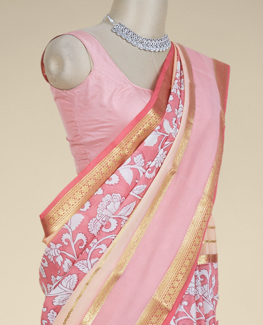 Peach floral vine printed Mysore silk saree, contrast border steeped with traditional zari designs