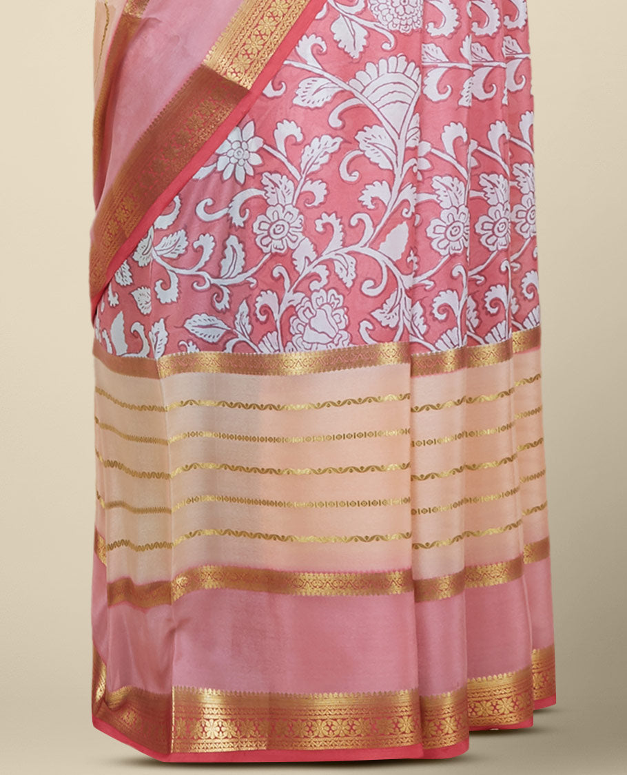 Peach floral vine printed Mysore silk saree, contrast border steeped with traditional zari designs