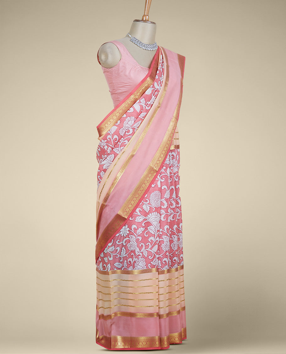 Peach floral vine printed Mysore silk saree, contrast border steeped with traditional zari designs