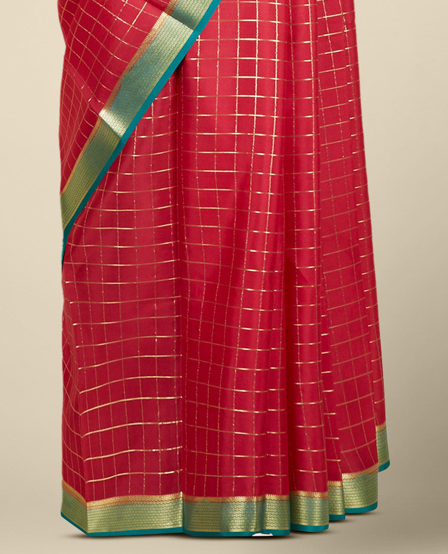 Red zari checked design Mysore silk saree, contrast traditional zari design border