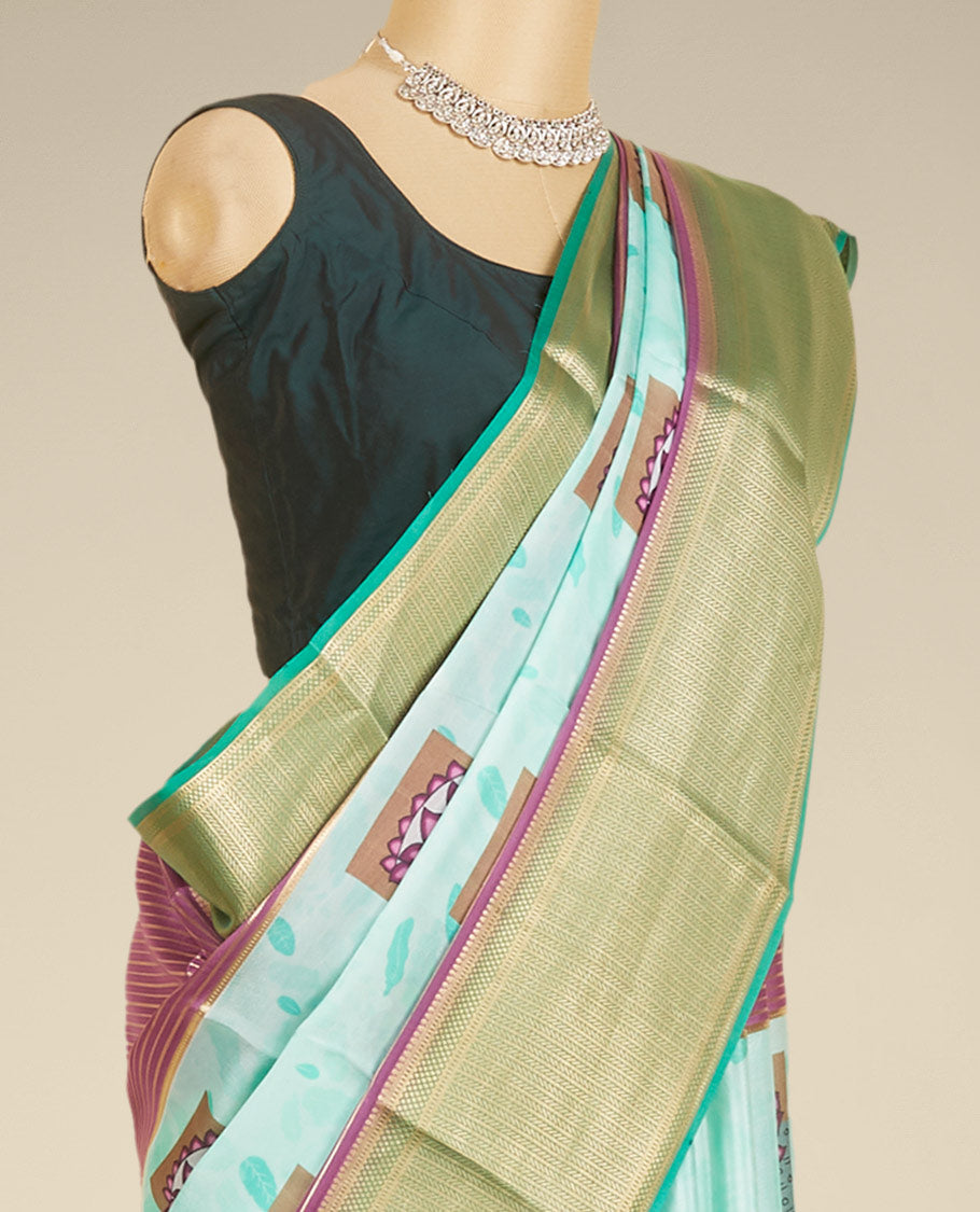 Multi-color pichwai lotus motifs printed mysore silk saree with zari designs, contrast traditional zari design border