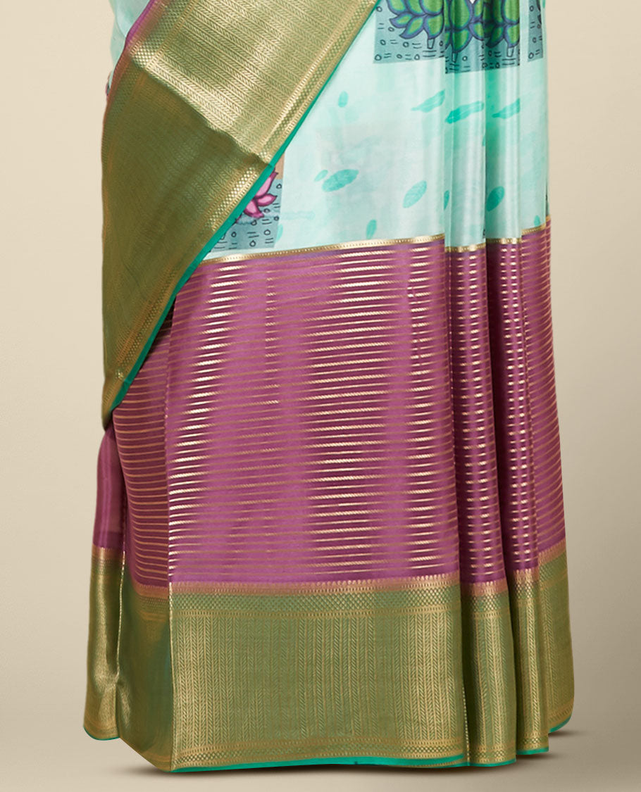 Multi-color pichwai lotus motifs printed mysore silk saree with zari designs, contrast traditional zari design border