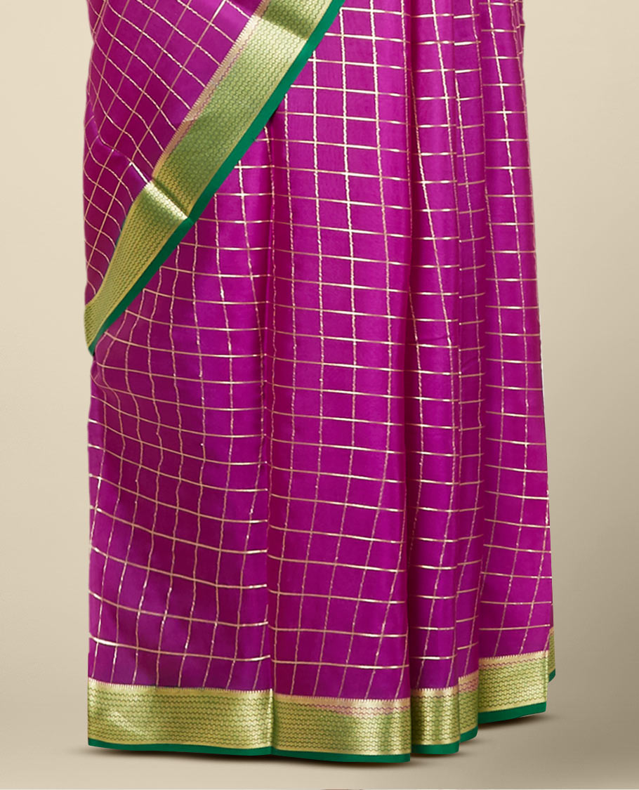 Purple zari checked design mysore silk saree, contrast traditional zari design border