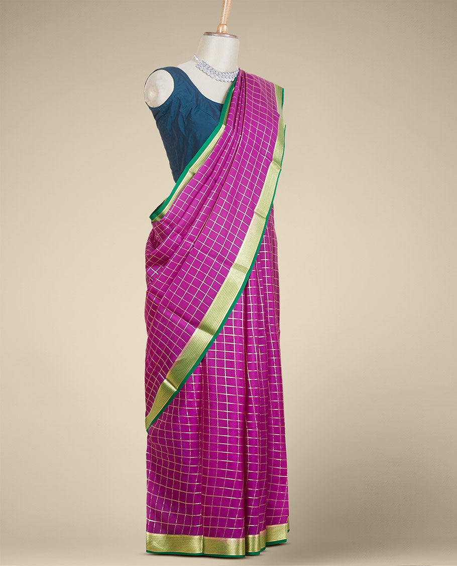 Purple zari checked design mysore silk saree, contrast traditional zari design border
