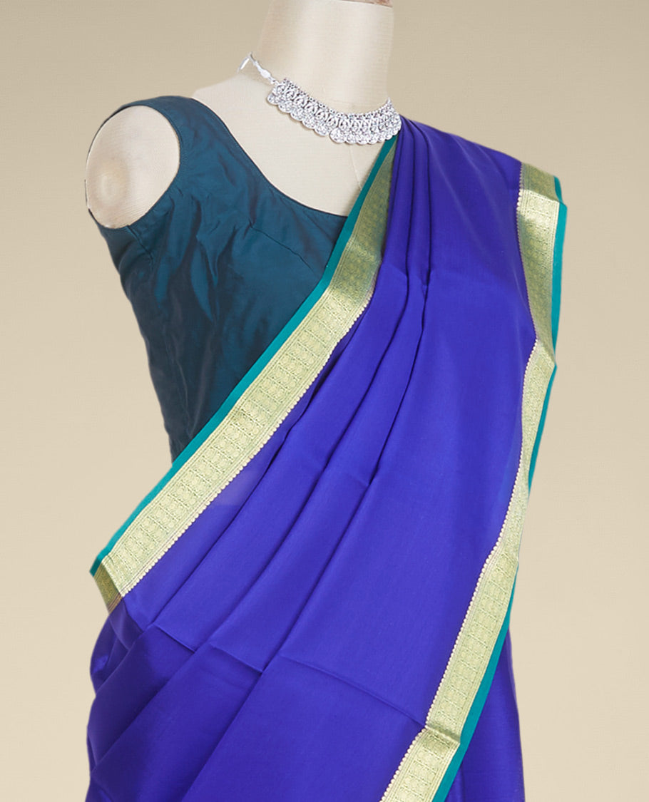 Blue plain design mysore silk saree, contrast traditional zari design border