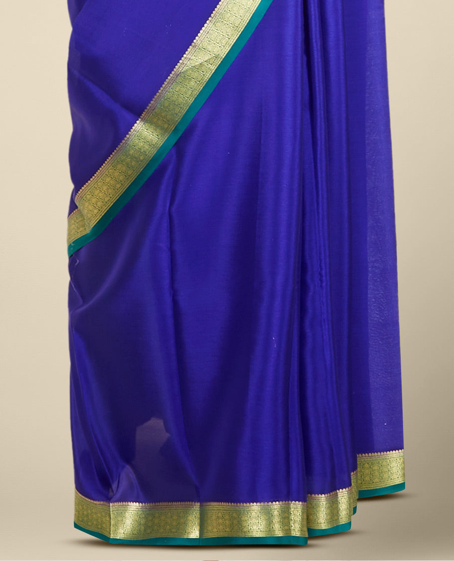 Blue plain design mysore silk saree, contrast traditional zari design border