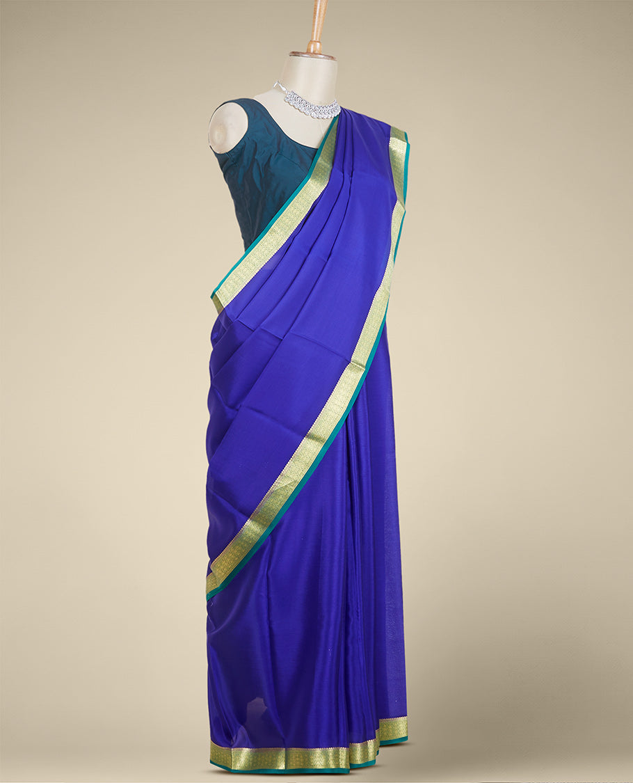 Blue plain design mysore silk saree, contrast traditional zari design border