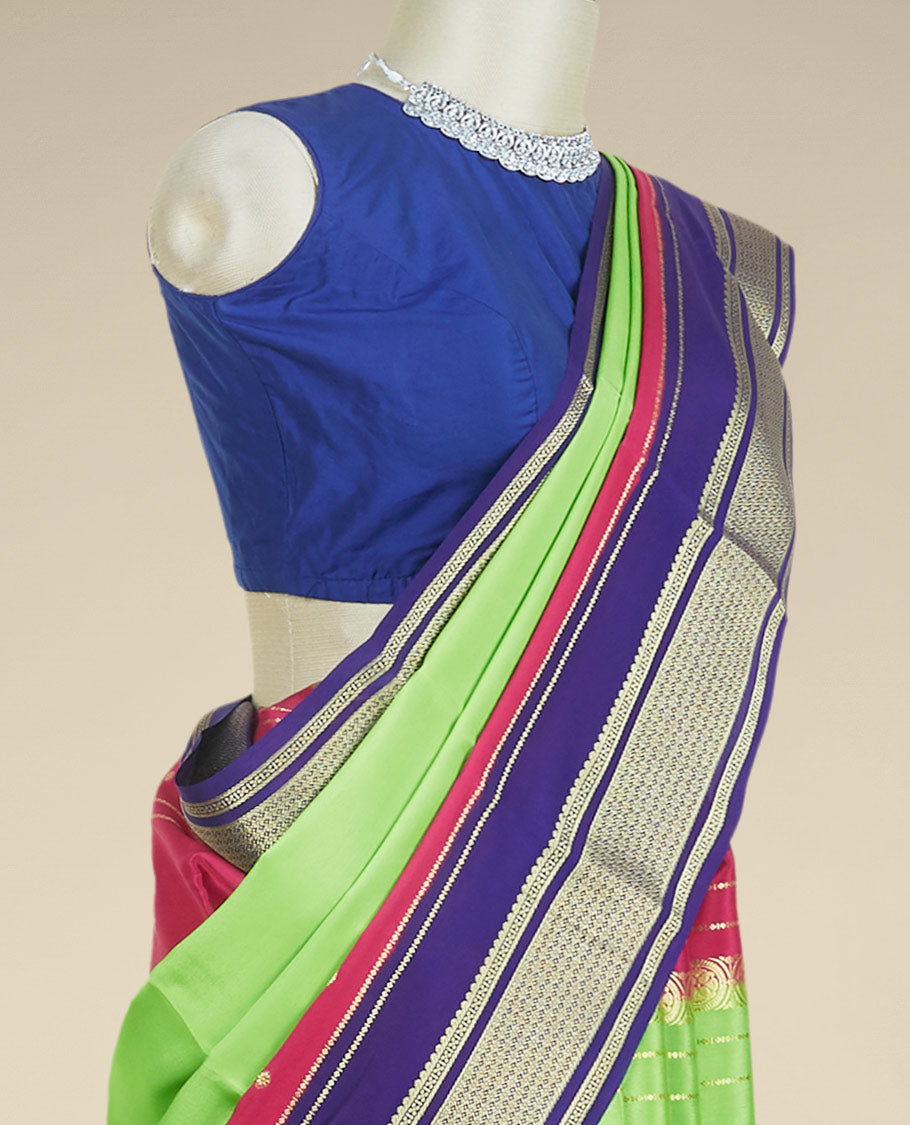 Green zari designs Mysore silk saree, contrast zari border steeped with traditional designs