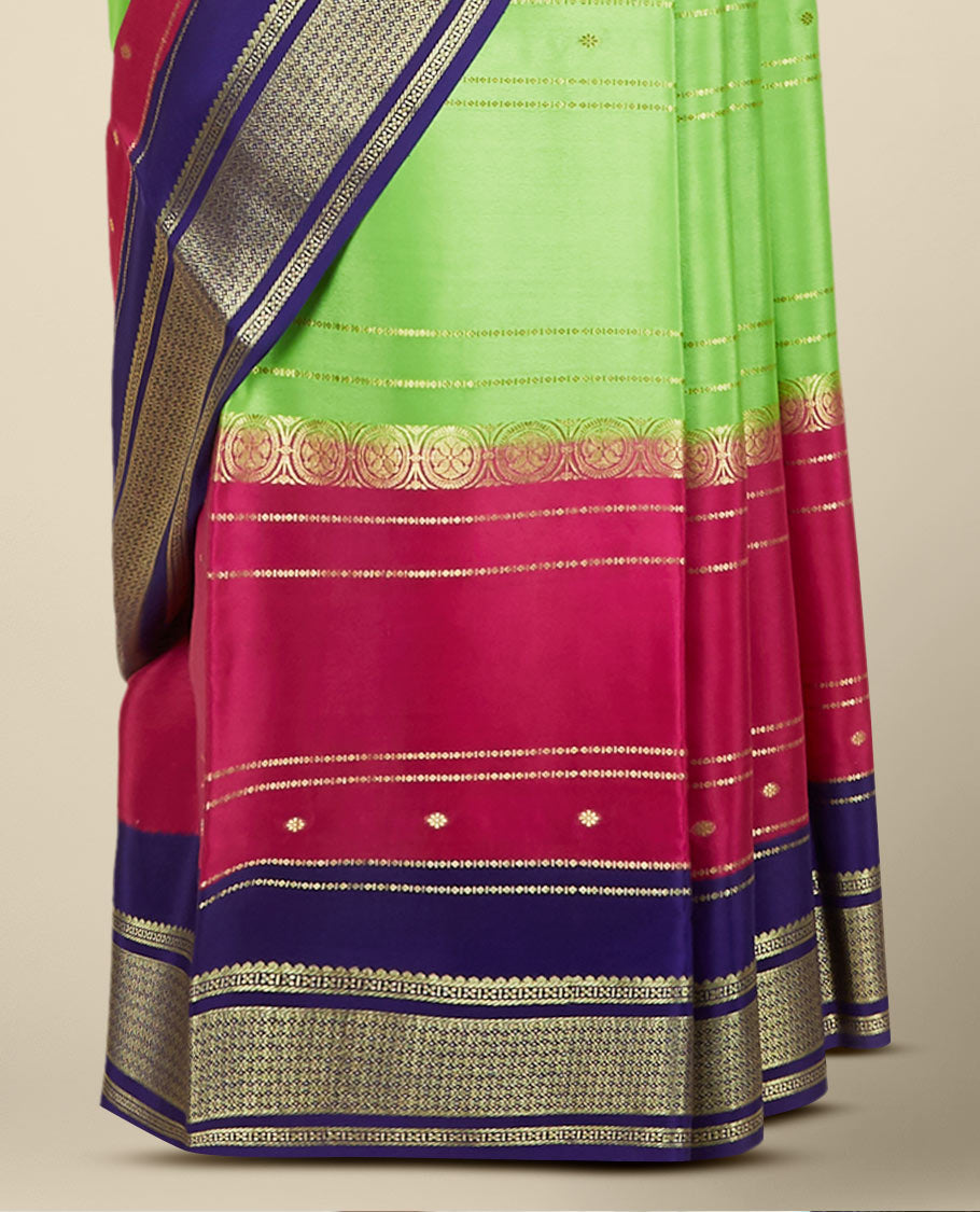 Green zari designs Mysore silk saree, contrast zari border steeped with traditional designs
