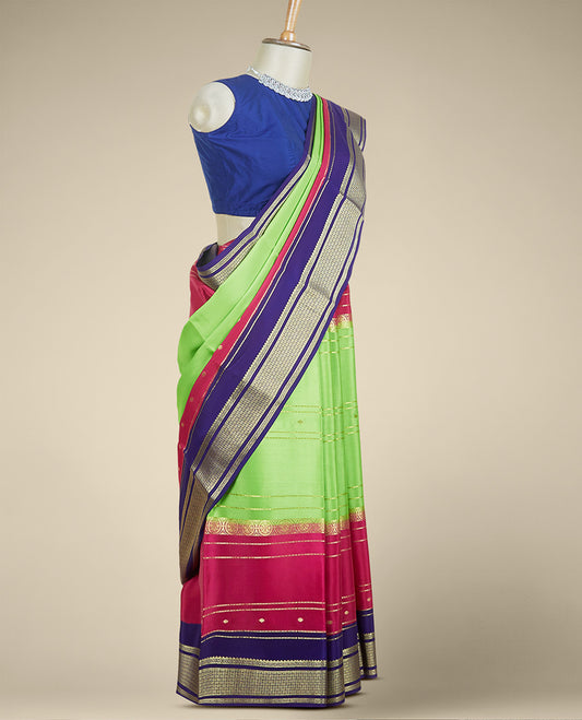 Green zari designs Mysore silk saree, contrast zari border steeped with traditional designs