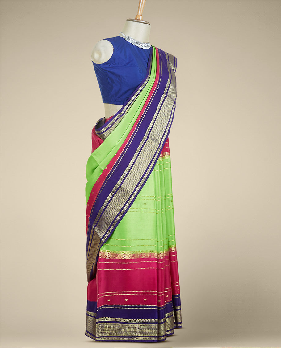 Green zari designs Mysore silk saree, contrast zari border steeped with traditional designs