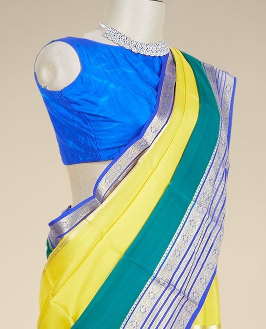 Yellow zari design mysore silk saree, contrast zari border features traditional designs