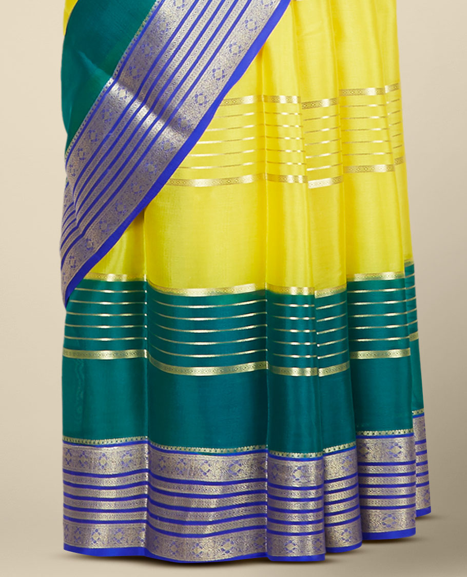 Yellow zari design mysore silk saree, contrast zari border features traditional designs