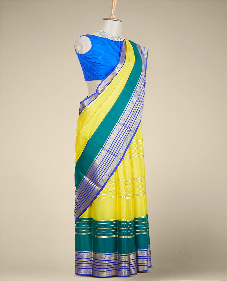 Yellow zari design mysore silk saree, contrast zari border features traditional designs