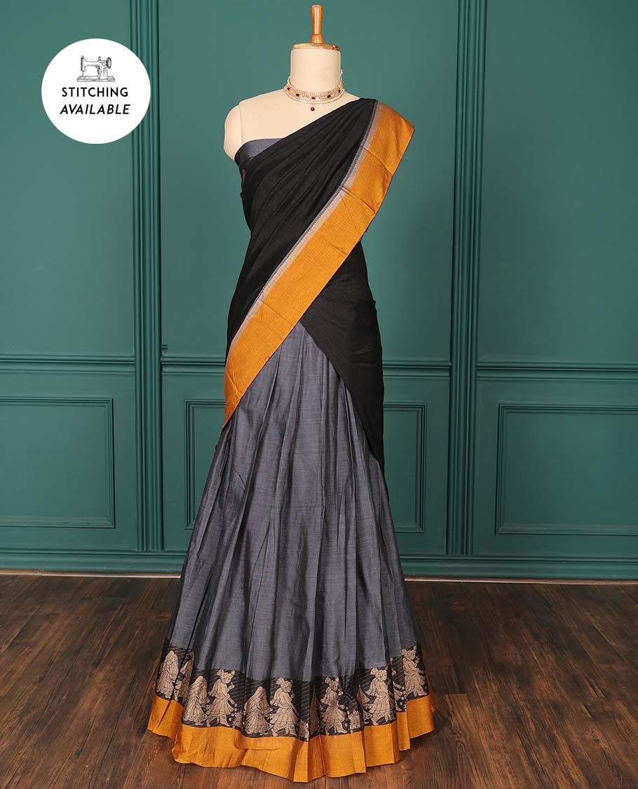 Black plain art-silk saree, contrast wedding-themed motif border, blouse & contrast dhavani