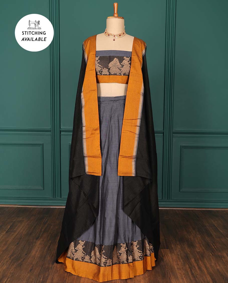 Black plain art-silk saree, contrast wedding-themed motif border, blouse & contrast dhavani