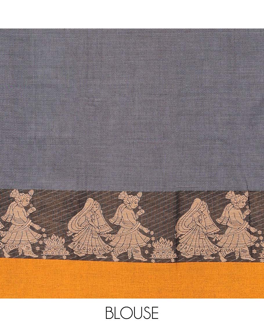 Black plain art-silk saree, contrast wedding-themed motif border, blouse & contrast dhavani