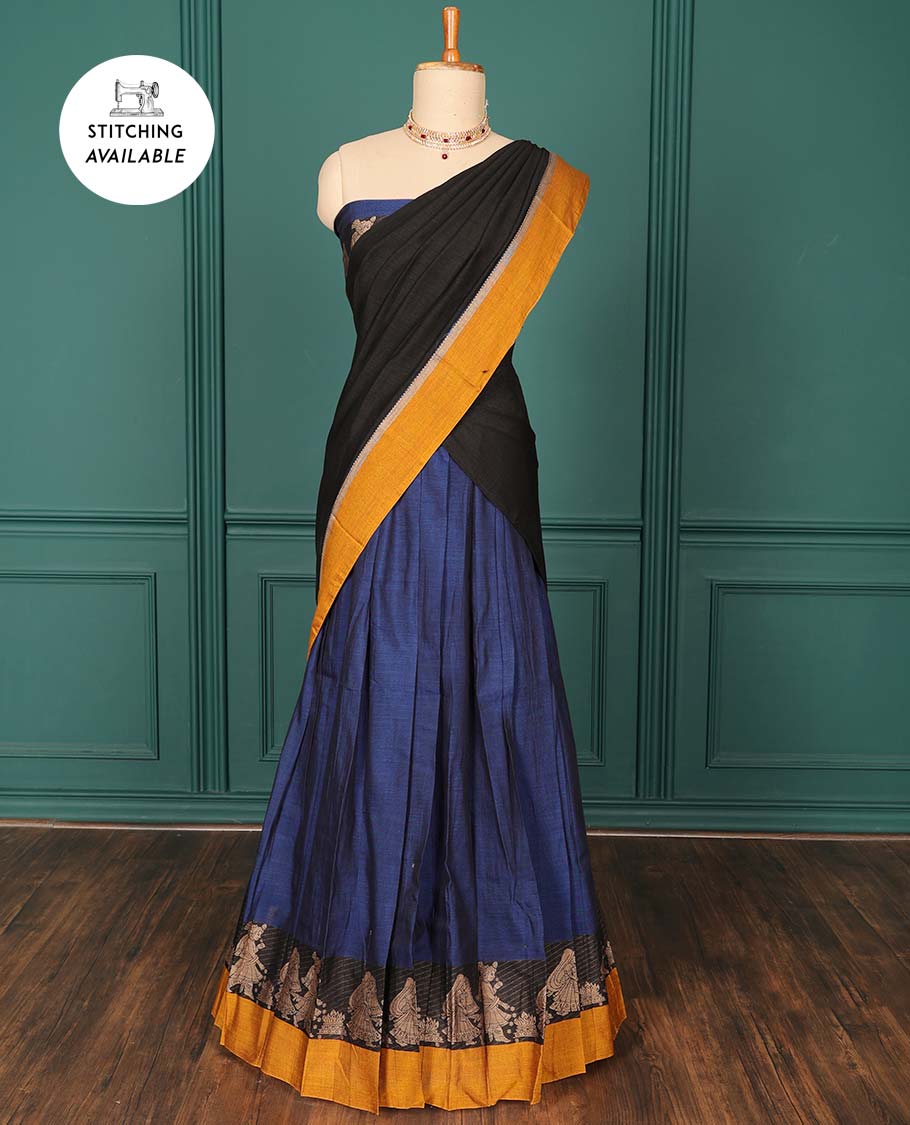 Blue plain art-silk saree, contrast wedding-themed motif border, blouse & contrast dhavani
