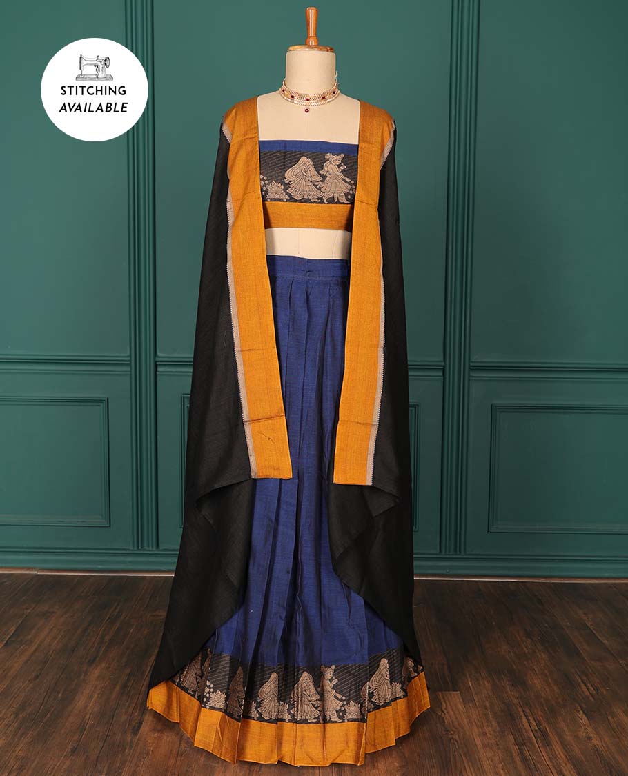 Blue plain art-silk saree, contrast wedding-themed motif border, blouse & contrast dhavani