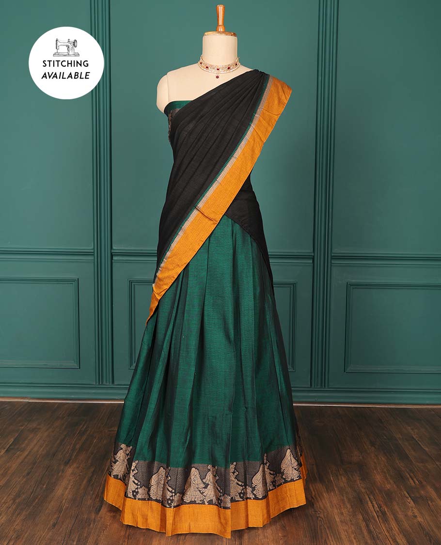Green plain art-silk saree, contrast wedding-themed motif border, blouse & contrast dhavani