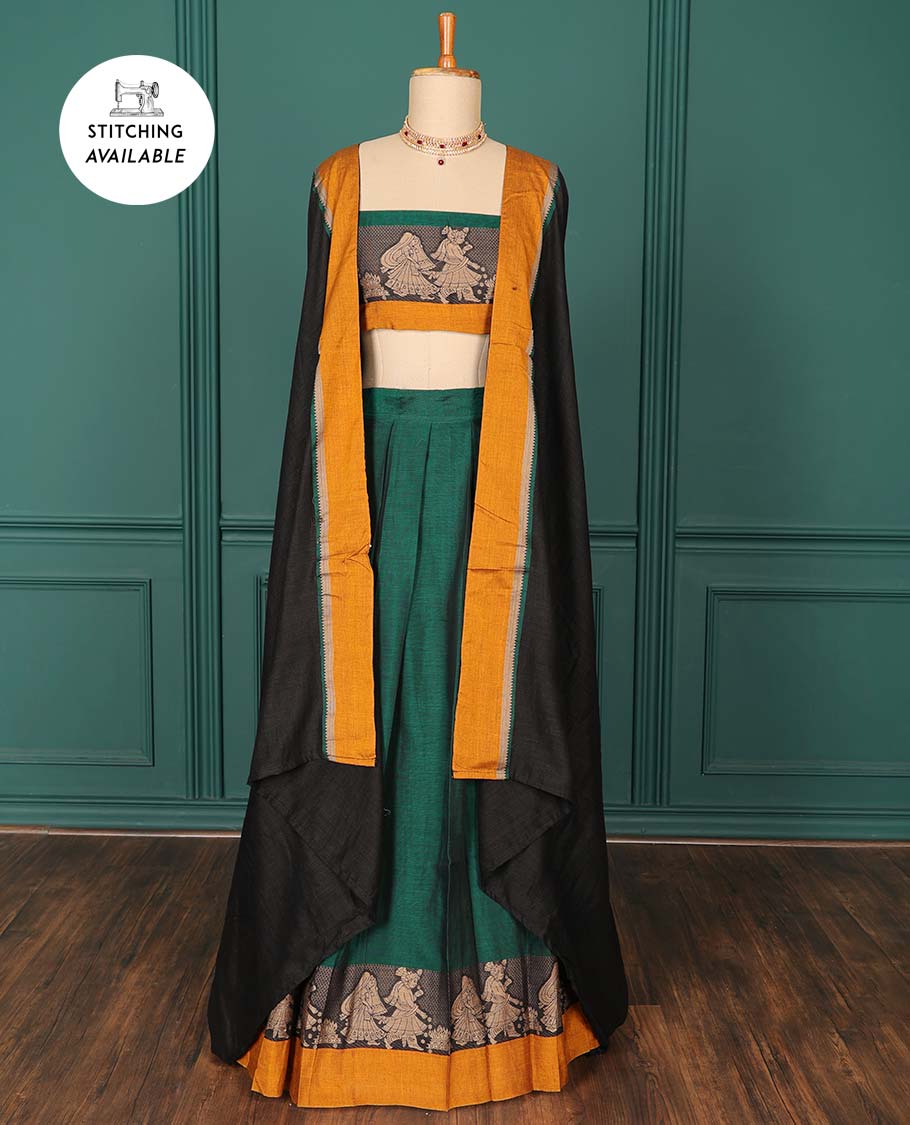 Green plain art-silk saree, contrast wedding-themed motif border, blouse & contrast dhavani