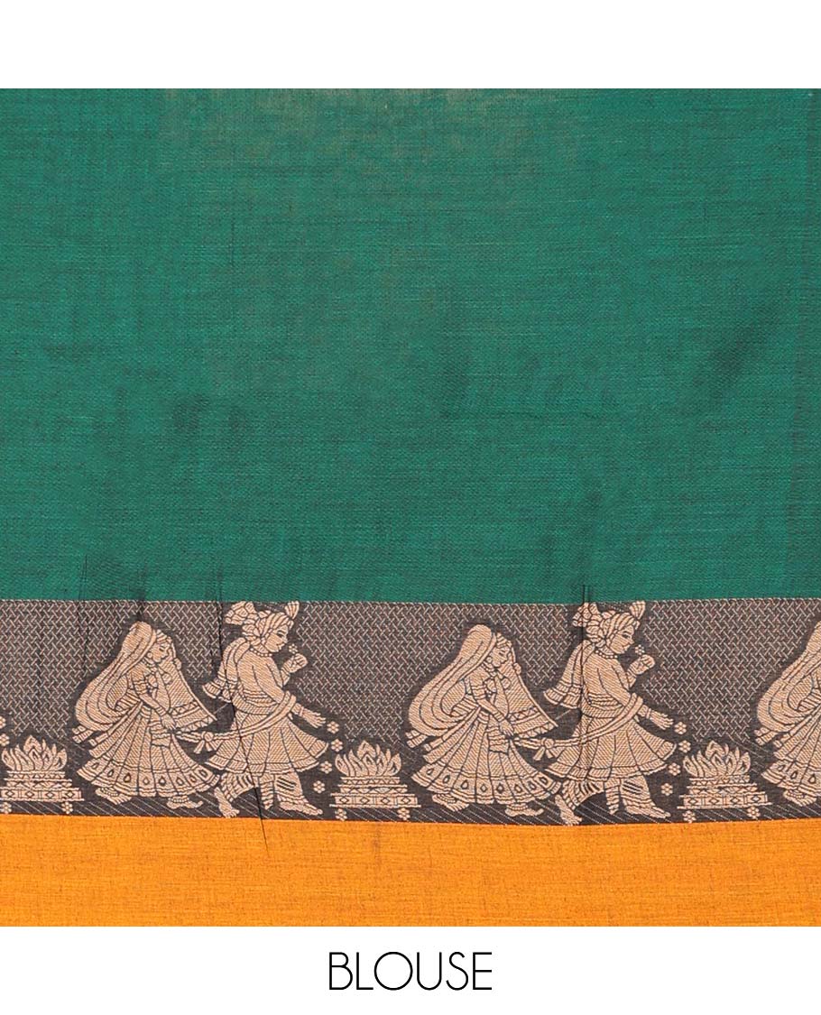 Green plain art-silk saree, contrast wedding-themed motif border, blouse & contrast dhavani