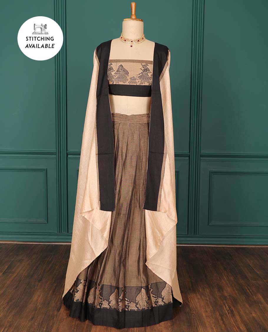 Brown plain art-silk saree, contrast wedding-themed motif border, blouse & contrast dhavani