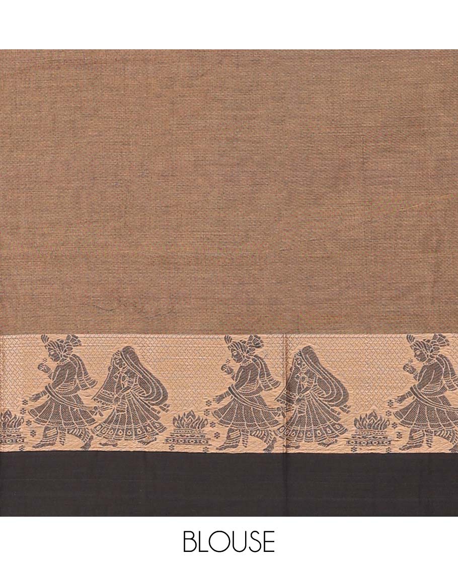 Brown plain art-silk saree, contrast wedding-themed motif border, blouse & contrast dhavani