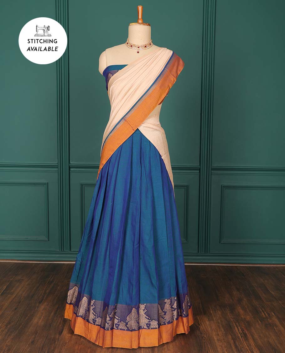 Blue plain art-silk saree, contrast wedding-themed motif border, blouse & contrast dhavani