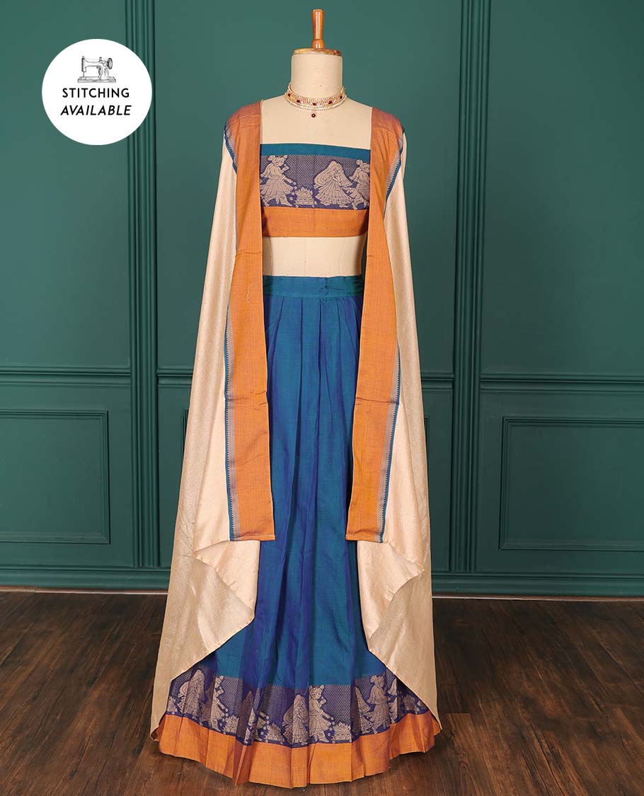 Blue plain art-silk saree, contrast wedding-themed motif border, blouse & contrast dhavani