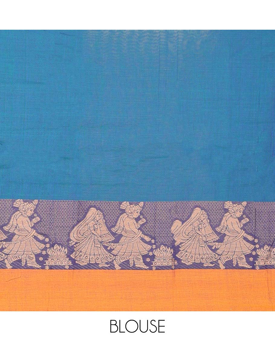 Blue plain art-silk saree, contrast wedding-themed motif border, blouse & contrast dhavani